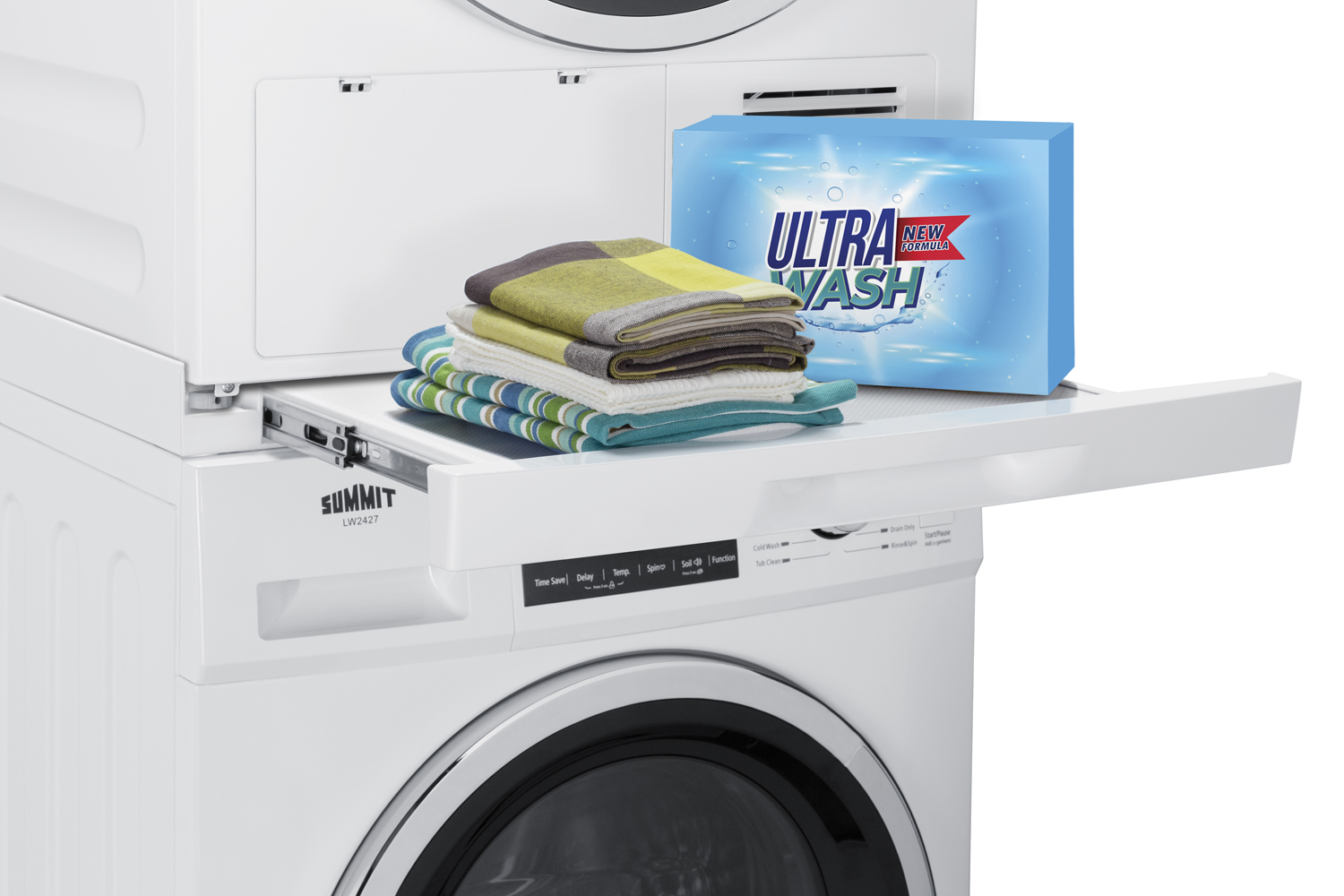 Combination of ENERGY STAR certified LW2427 115V washer and 208-240V LD2444 heat pump dryer with stacking kit that includes a slide-out rack